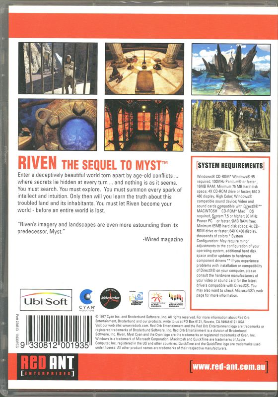 Back Cover for Riven: The Sequel to Myst (Windows) (Red Ant Big Bytes release)