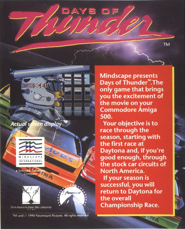 Back Cover for Days of Thunder (Amiga)