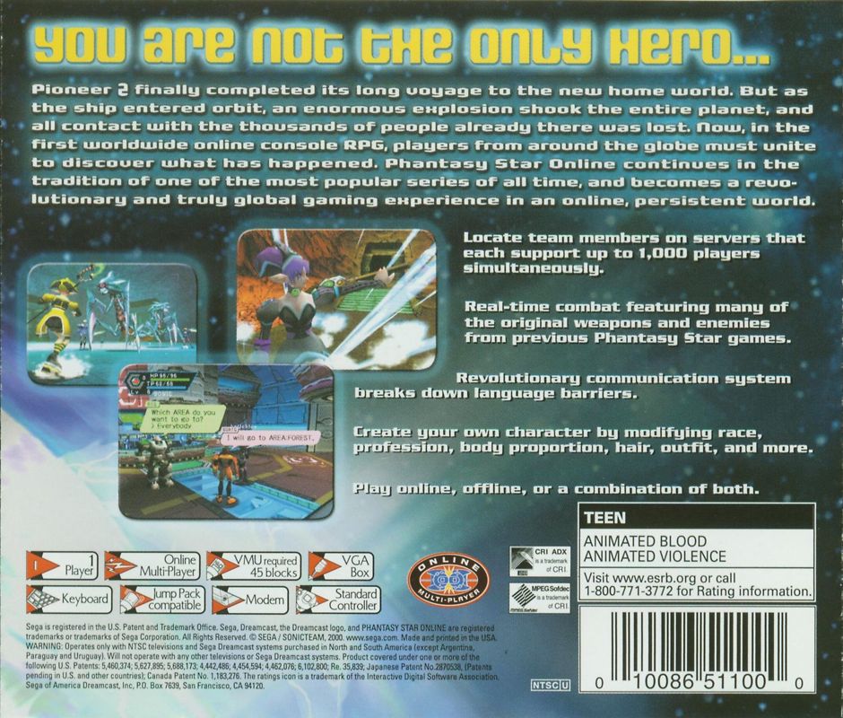 Back Cover for Phantasy Star Online (Dreamcast)