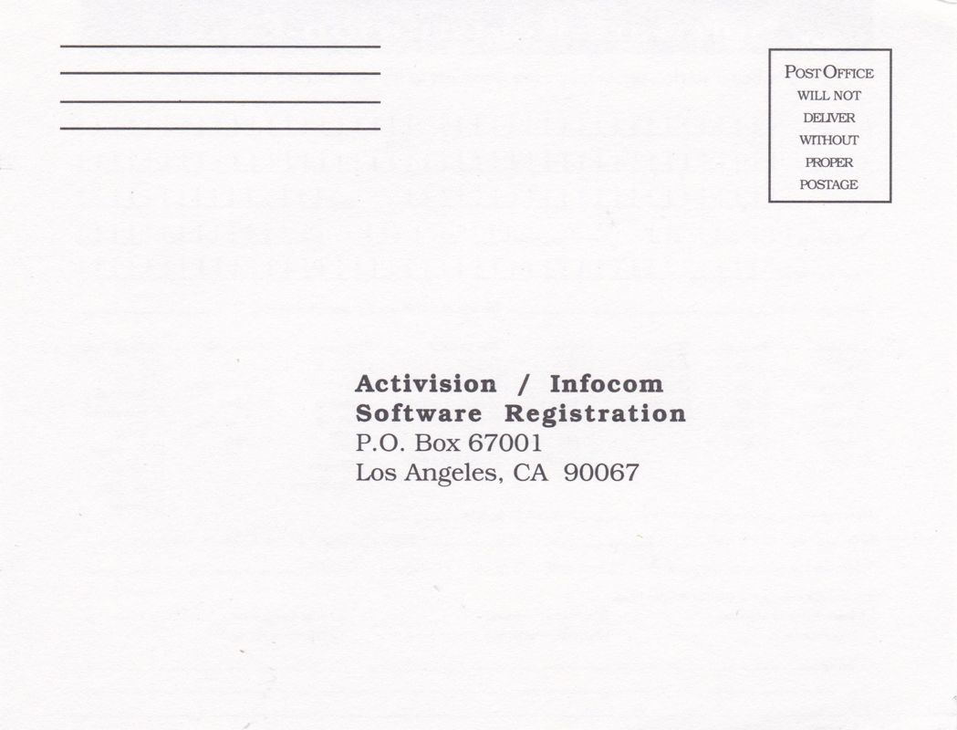 Extras for The Lost Treasures of Infocom (DOS) (3.5" Floppy IBM PC, XT, AT, PS/2, Tandy release): Registration Card: Front
