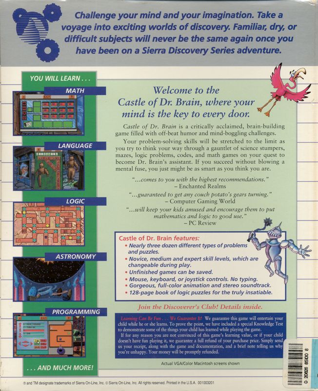 Back Cover for Castle of Dr. Brain (DOS) (Sierra Discovery Series VGA 3.5" disk release)