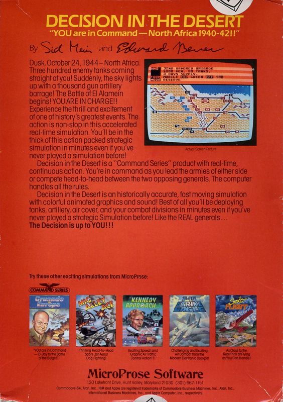 Back Cover for Decision in the Desert (Commodore 64)