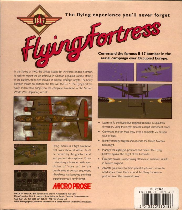 Back Cover for B-17 Flying Fortress (DOS) (3.5" floppy disk release)