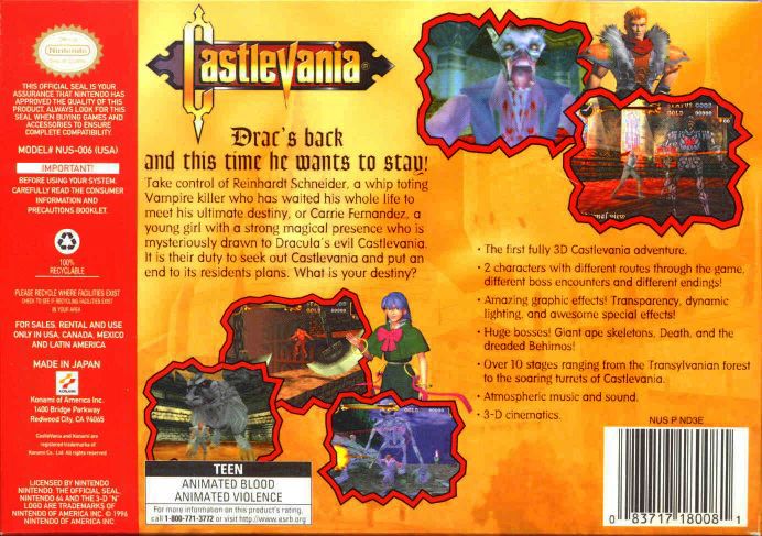 Back Cover for Castlevania (Nintendo 64)