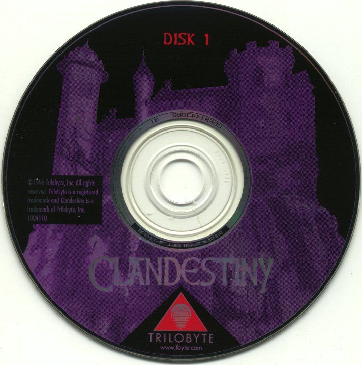 Media for Clandestiny (Windows) (This cover has a transparent zone allowing to see the castle as background): Disc 1/2