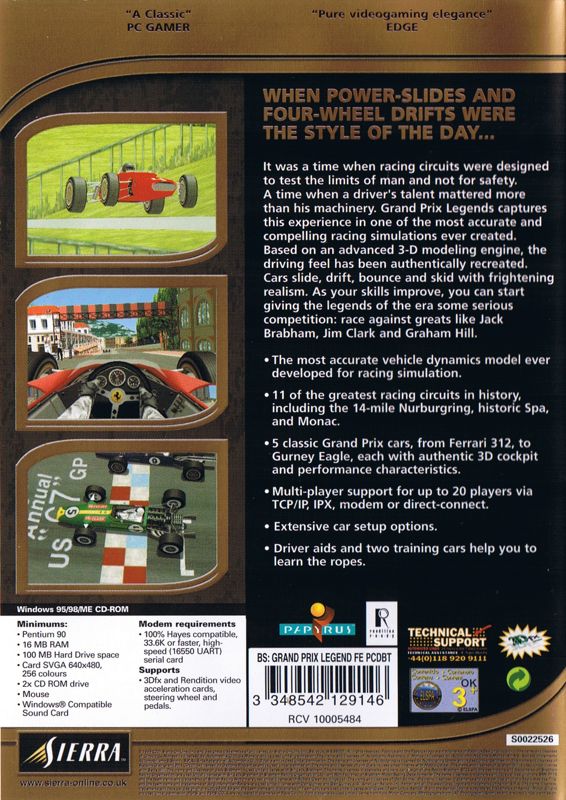 Back Cover for Grand Prix Legends (Windows) (BestSeller Series release)