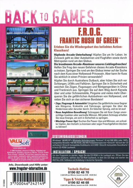 Back Cover for F.R.O.G.: Frantic Rush of Green (Windows) (Back to Games release)