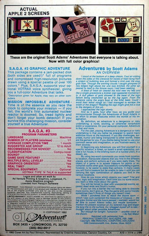 Back Cover for Scott Adams' Graphic Adventure #3: Secret Mission (Apple II)