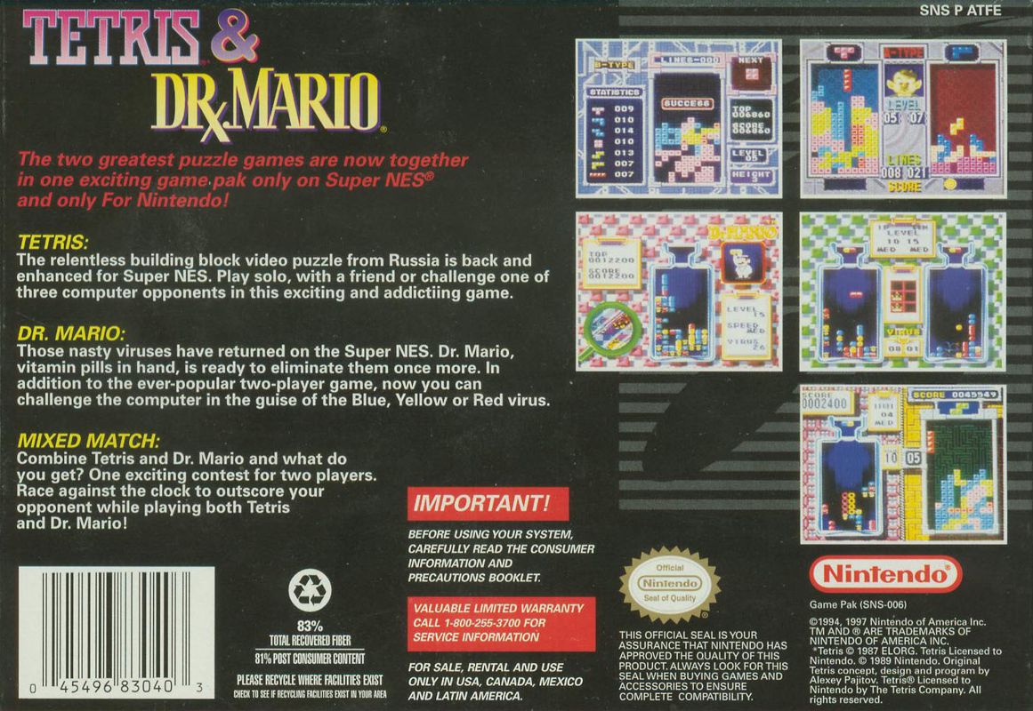 Back Cover for Tetris & Dr. Mario (SNES) (Players Choice release)