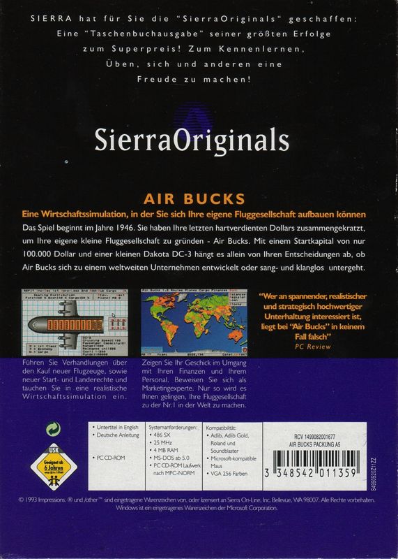 Back Cover for Air Bucks (DOS) ("Sierra Originals" Budget Release (v1.2))