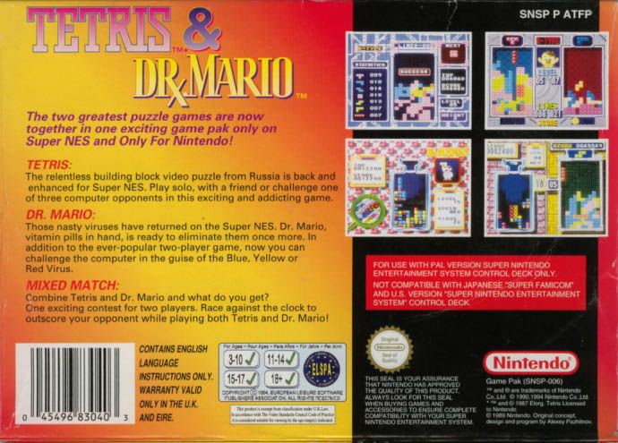 Back Cover for Tetris & Dr. Mario (SNES)