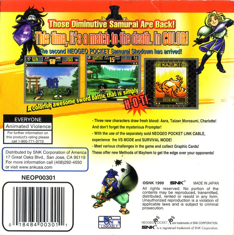 Back Cover for Samurai Shodown! 2: Pocket Fighting Series (Neo Geo Pocket Color)