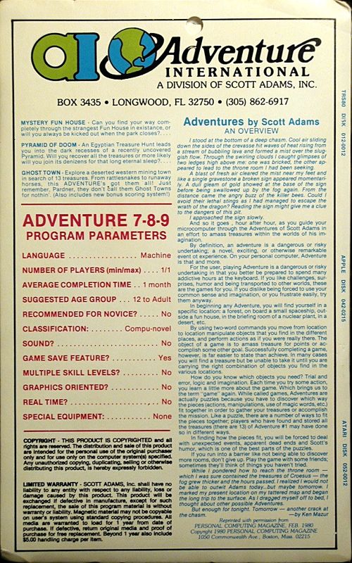 Back Cover for Adventure Value Pack #3 (Atari 8-bit and TRS-80) (Styrofoam folder)