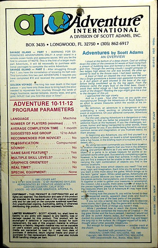 Back Cover for Adventure Value Pack #4 (Atari 8-bit and TRS-80) (Styrofoam Folder)