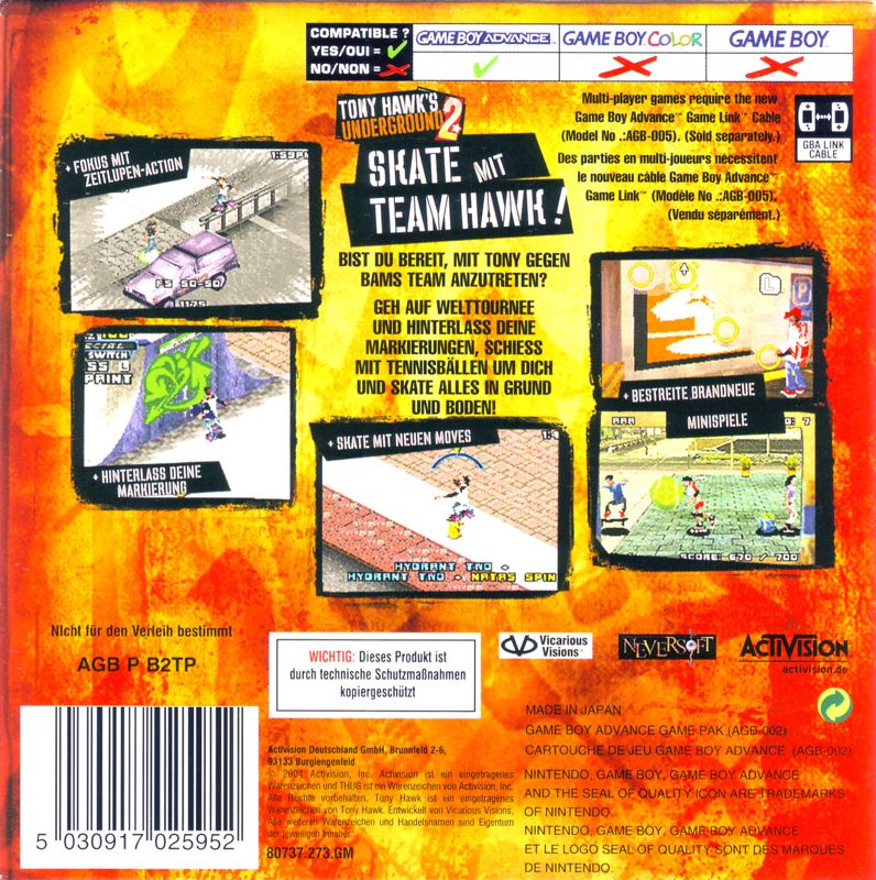 Back Cover for Tony Hawk's Underground 2 (Game Boy Advance)