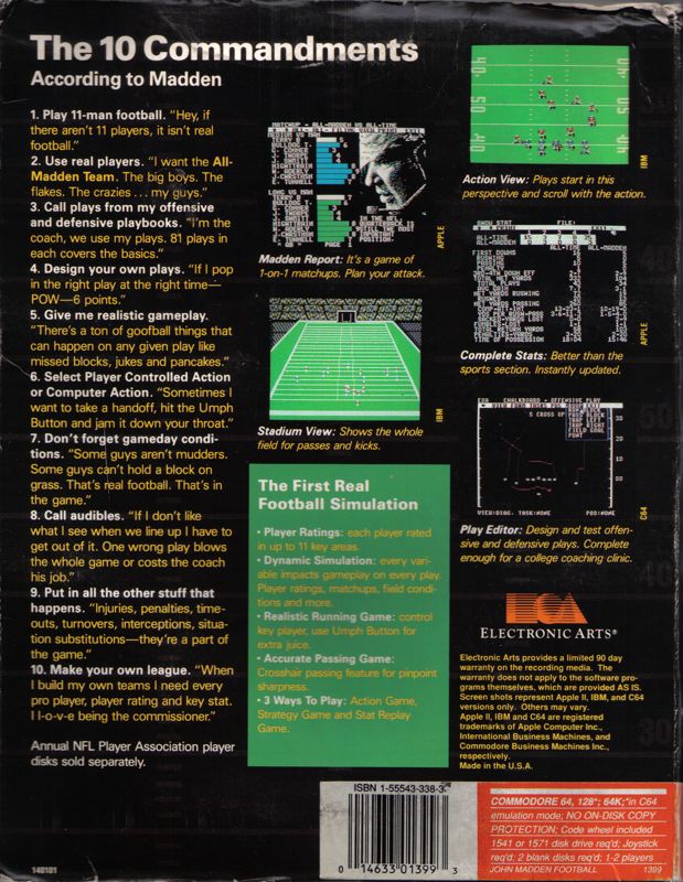 Back Cover for John Madden Football (Commodore 64)