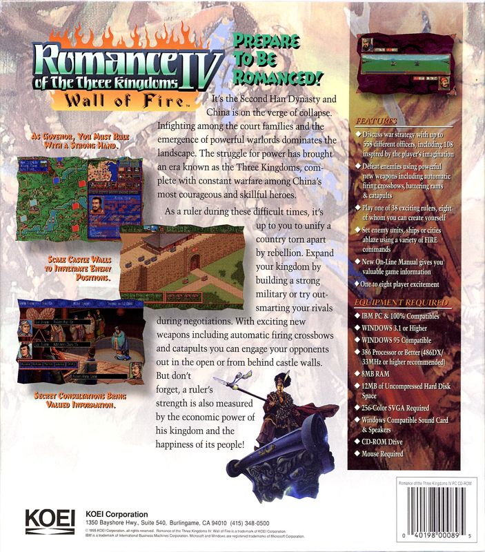 Back Cover for Romance of the Three Kingdoms IV: Wall of Fire (Windows 3.x)