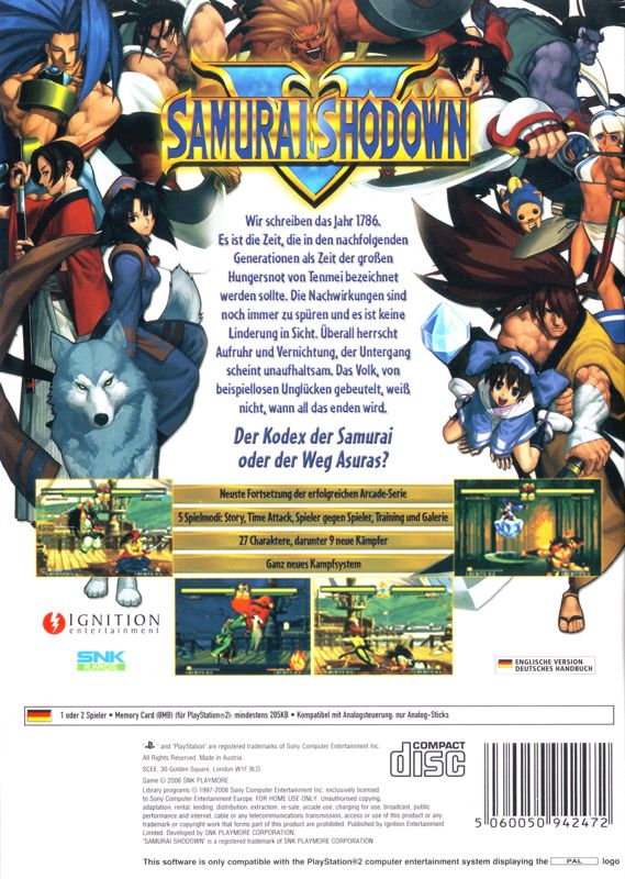 Back Cover for Samurai Shodown V (PlayStation 2)