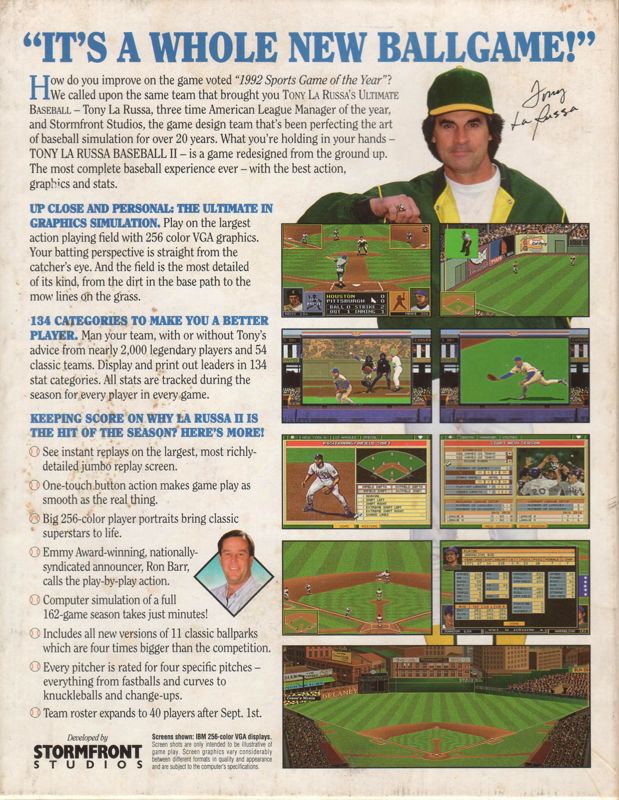 Back Cover for Tony La Russa Baseball II (DOS) (3.5" floppy disk release)