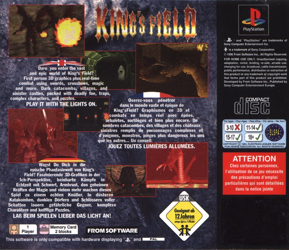 Back Cover for King's Field (PlayStation)