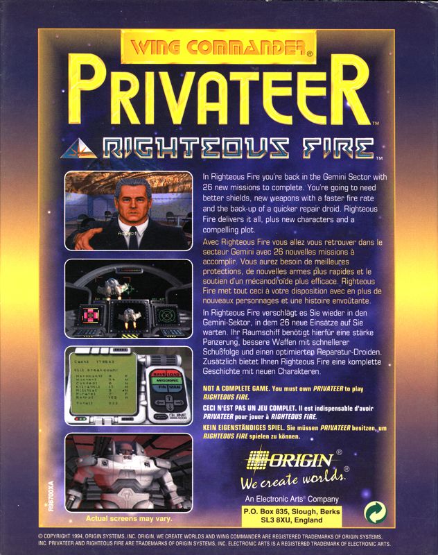 Back Cover for Privateer: Righteous Fire (DOS)