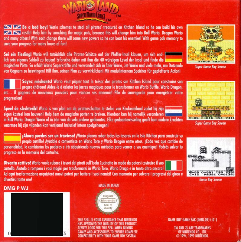 Back Cover for Wario Land: Super Mario Land 3 (Game Boy) (Nintendo Classics Release)