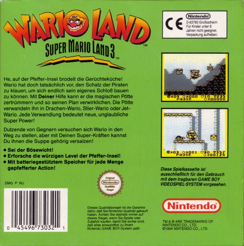 Back Cover for Wario Land: Super Mario Land 3 (Game Boy)
