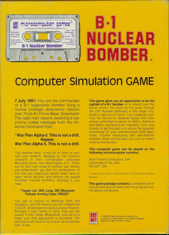 Back Cover for B-1 Nuclear Bomber (Atari 8-bit and Commodore 64 and VIC-20)