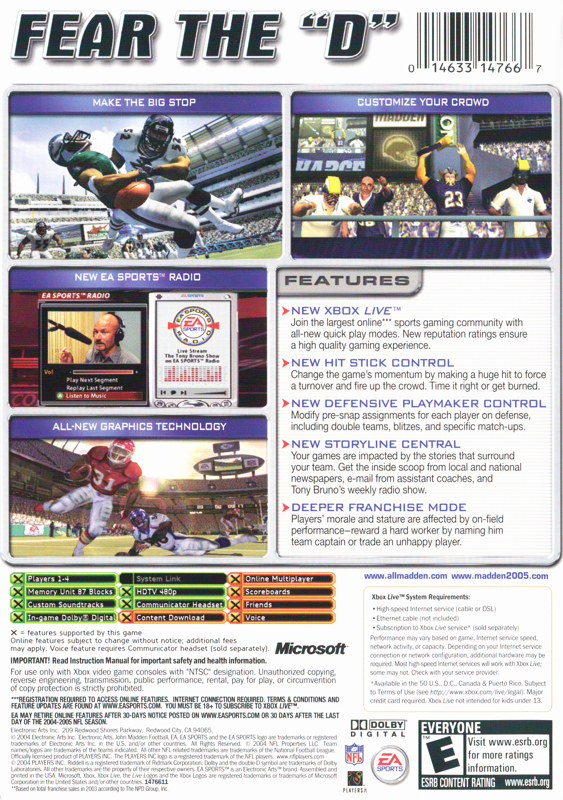 Back Cover for Madden NFL 2005 (Xbox)
