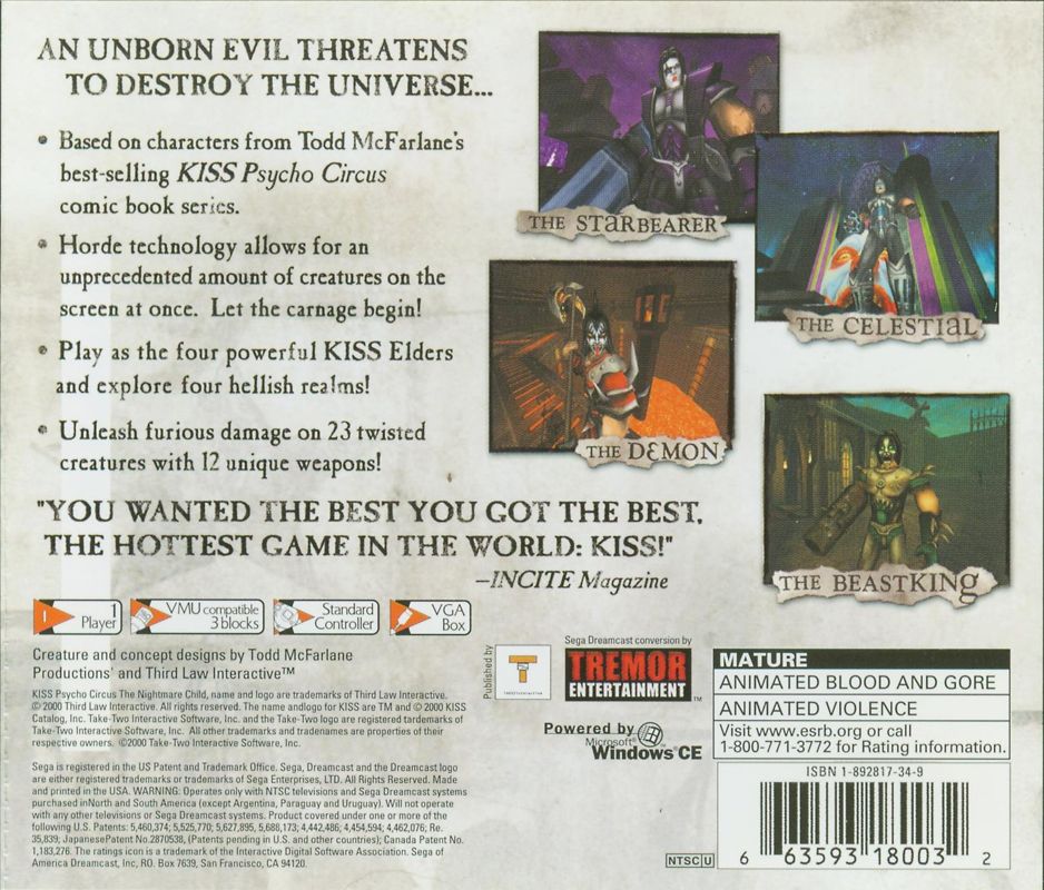 Back Cover for KISS: Psycho Circus - The Nightmare Child (Dreamcast)