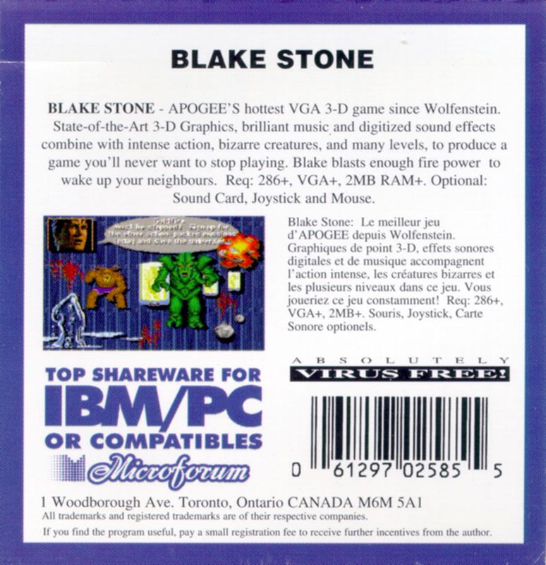 Back Cover for Blake Stone: Aliens of Gold (DOS) (Plastic Case 3.5 inch floppy disk shareware release)