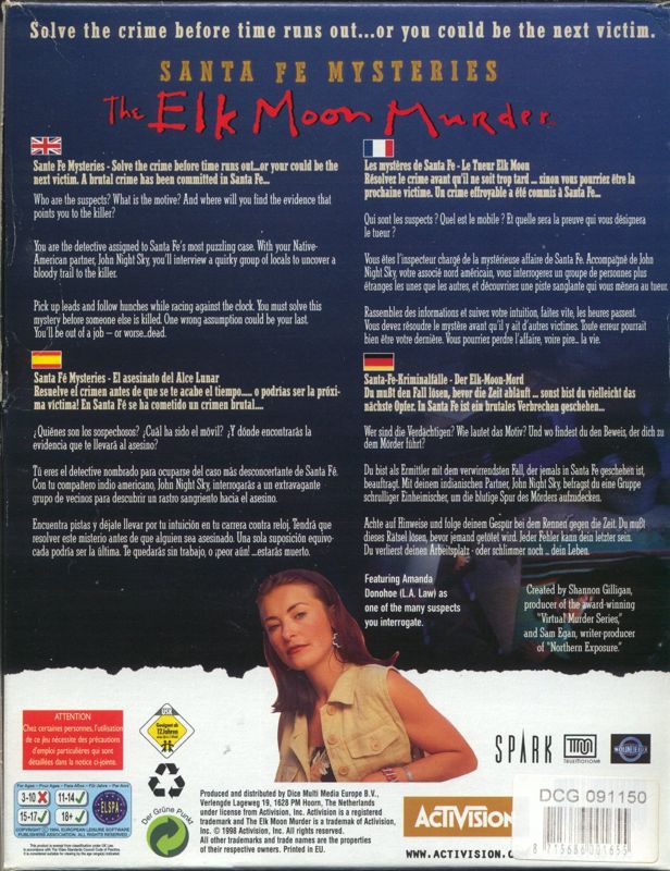 Back Cover for Santa Fe Mysteries: The Elk Moon Murder (DOS and Windows) (Dice Computer Games release)