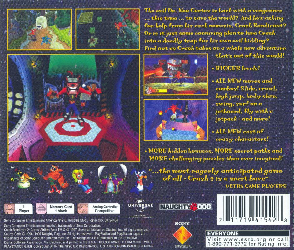 Back Cover for Crash Bandicoot 2: Cortex Strikes Back (PlayStation) (Greatest Hits release)