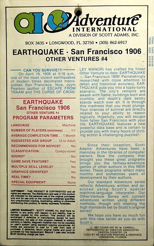 Back Cover for Earthquake San Francisco 1906 (TRS-80) (Styrofoam folder)