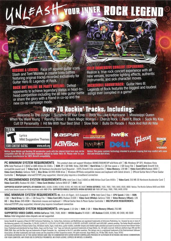Back Cover for Guitar Hero III: Legends of Rock (Macintosh and Windows) (PC/Mac Hybrid Release)