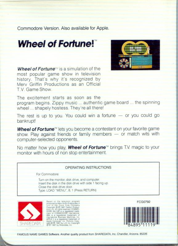 Back Cover for Wheel of Fortune (Commodore 64)