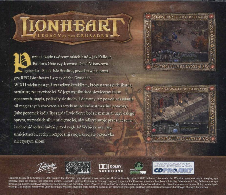 Other for Lionheart: Legacy of the Crusader (Windows): Jewel Case - Back