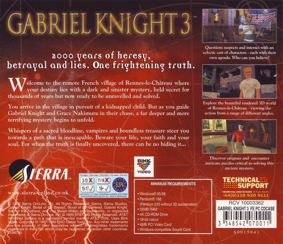 Other for Gabriel Knight 3: Blood of the Sacred, Blood of the Damned (Windows): Jewel Case - Back