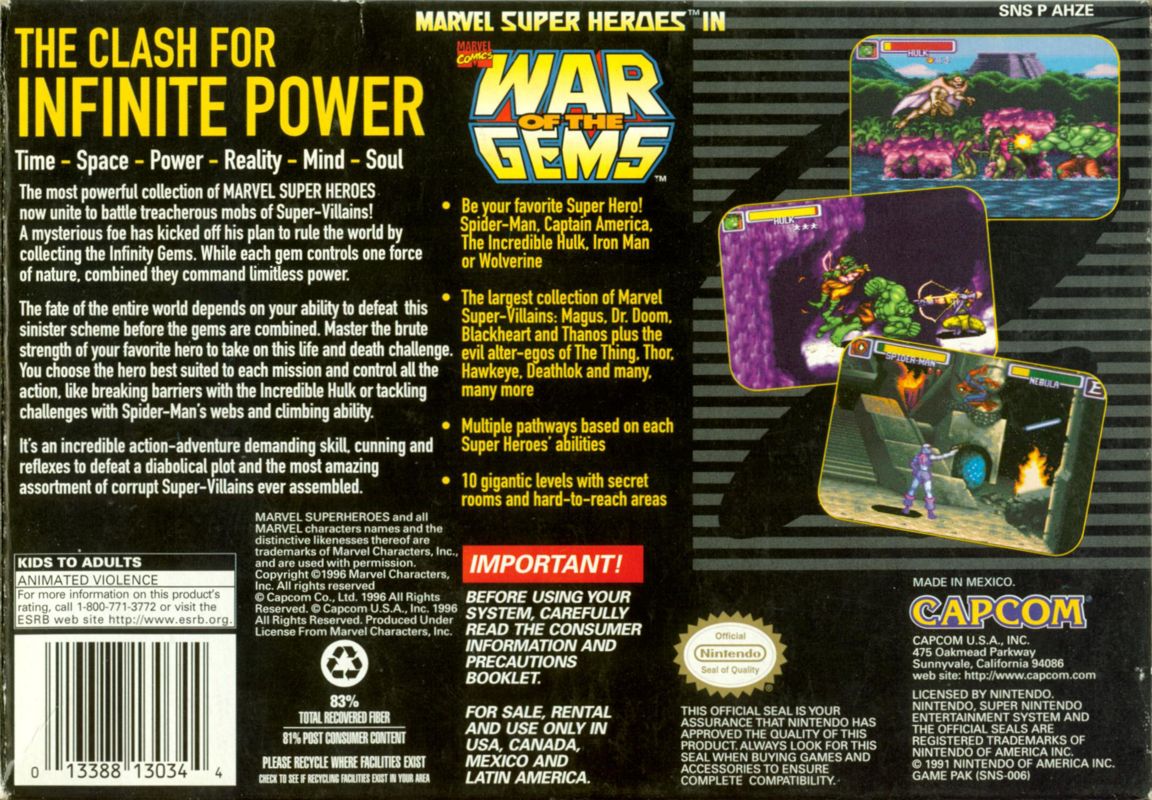 Back Cover for Marvel Super Heroes in War of the Gems (SNES)