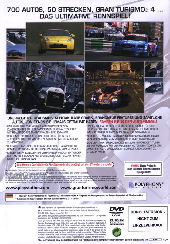 Back Cover for Gran Turismo 4 (PlayStation 2) (Bundled with PS2)