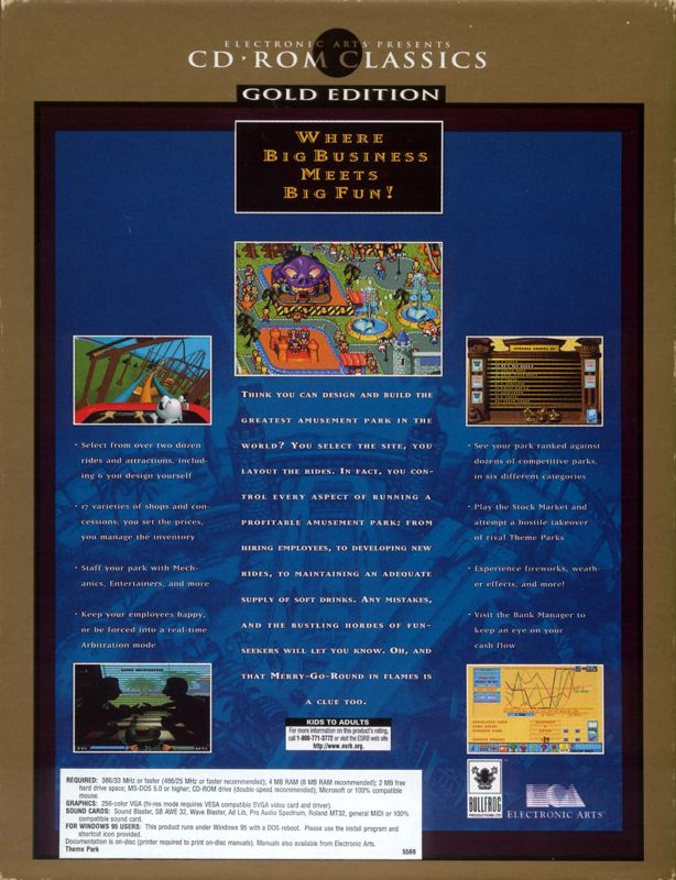 Back Cover for Theme Park (DOS) (Electronic Arts CD-ROM Classics - Gold Edition release)