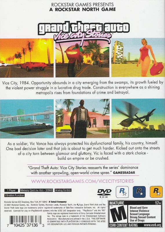 Back Cover for Grand Theft Auto: Vice City Stories (PlayStation 2)