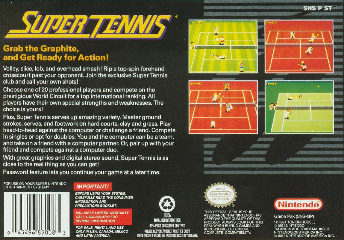 Back Cover for Super Tennis (SNES) (Re-release)