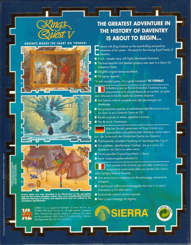 Back Cover for King's Quest V: Absence Makes the Heart Go Yonder! (DOS) (Kixx XL Release)