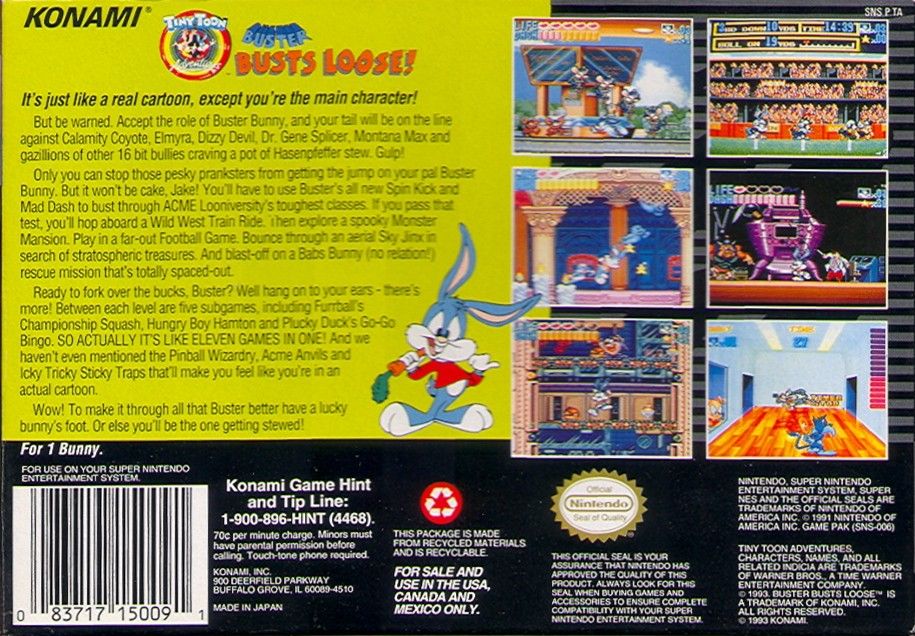 Back Cover for Tiny Toon Adventures: Buster Busts Loose! (SNES)