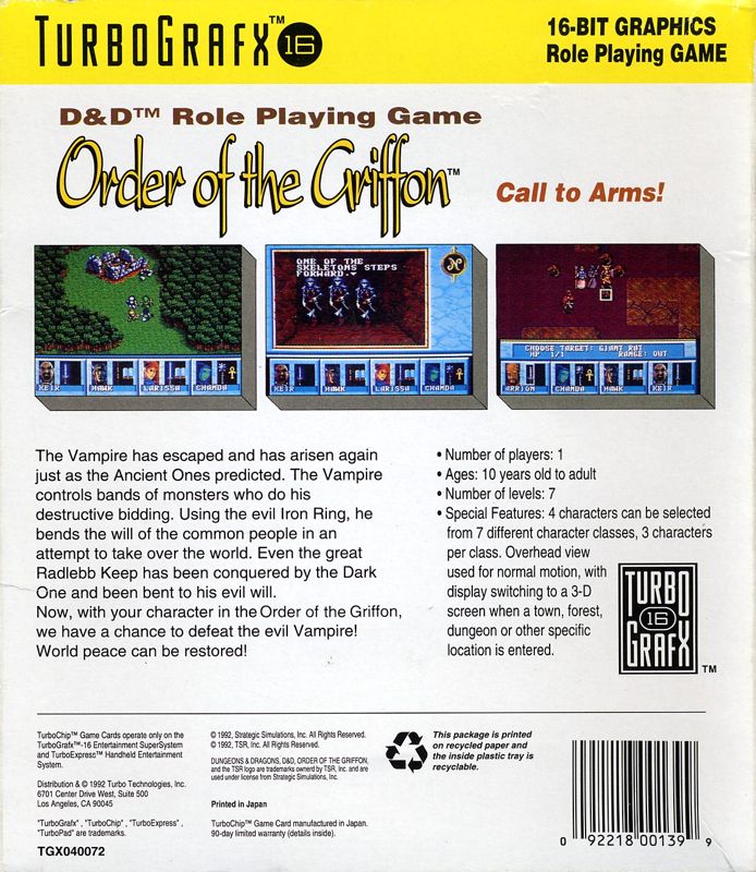 Back Cover for Dungeons & Dragons: Order of the Griffon (TurboGrafx-16)