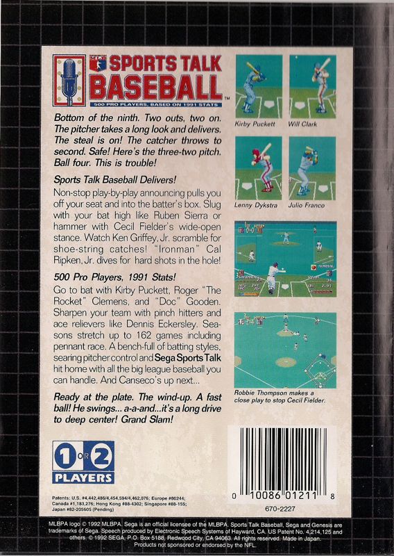 Back Cover for Sports Talk Baseball (Genesis) (NFL Films promotion cover)