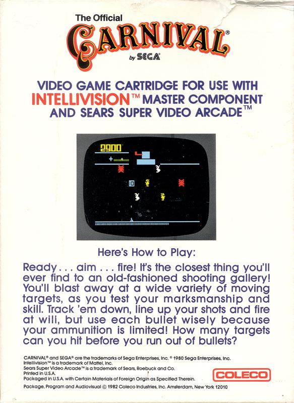Back Cover for Carnival (Intellivision)