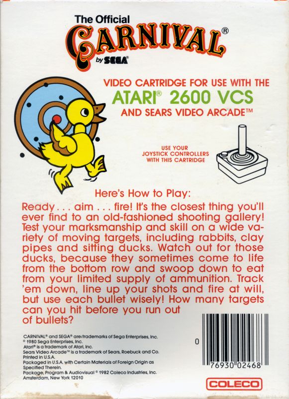 Back Cover for Carnival (Atari 2600)