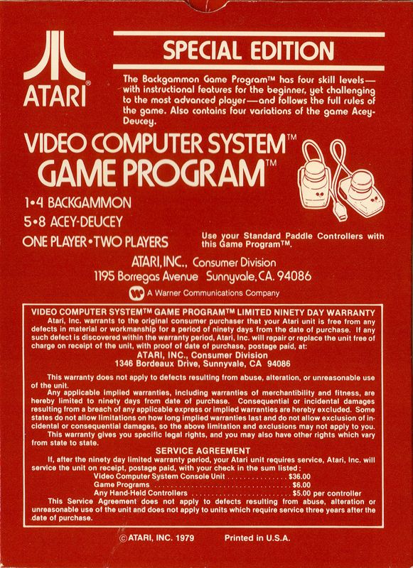Back Cover for Backgammon (Atari 2600)